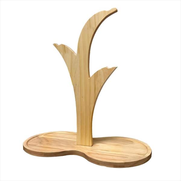 Brown Wood Mug Holder Tree Cup Rack for Counter with 3-Hanging Hooks and Base for Mugs and Saucers Organizer