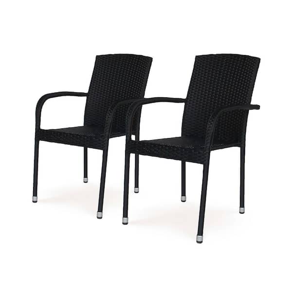 MADE 4 HOME Knight 2-Piece Stackable Wicker Outdoor Dining Chair in Black