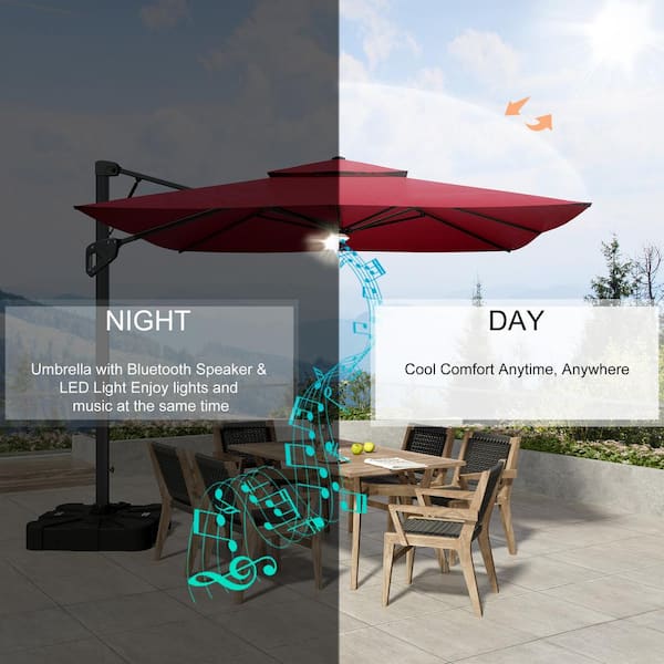 bluetooth music and solar led patio umbrella Reviews for Clihome 10 ft. Patio Square Pneumatic Lever Cantilever Umbrella  in Red with Bluetooth Speaker and Lighting (Without Base) | Pg 1