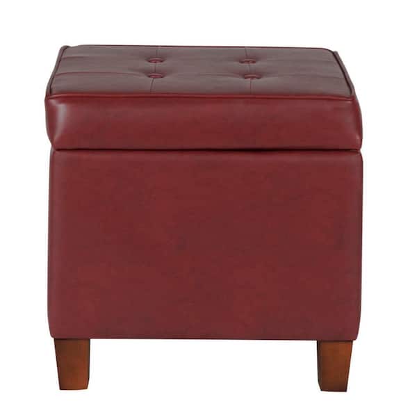 Benjara Red Leather Square Storage Ottoman Medium