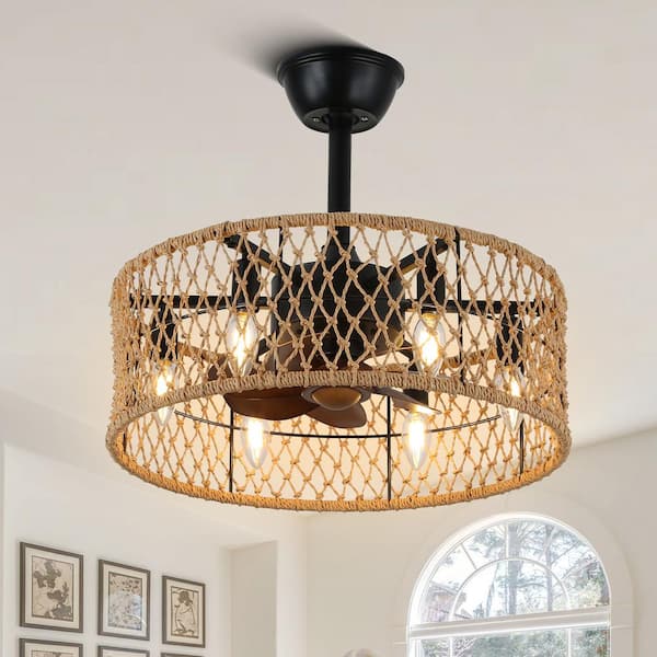 Oaks Aura Banff 18in. Indoor Brown Boho Rattan Hemp Rope Ceiling Fan with Lights, Scandi Zen 3-Speed Ceiling Fan with Remote