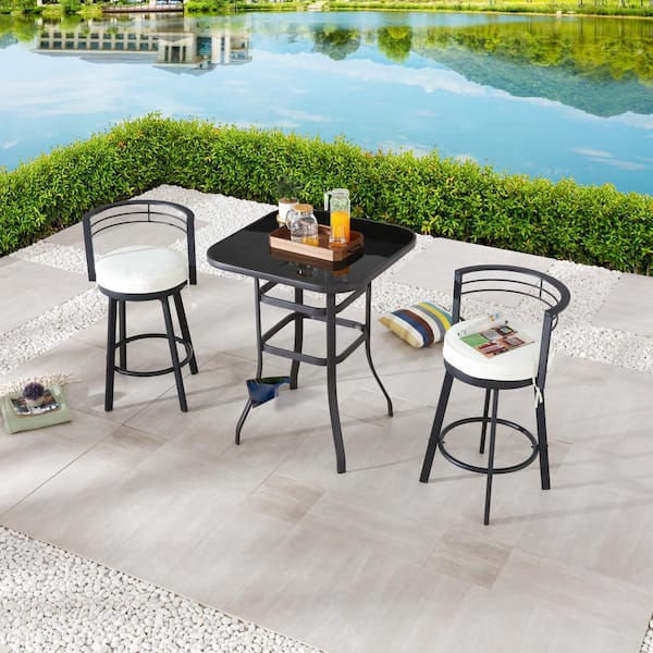 Patio Festival 3-Piece Metal Bar Height Outdoor Dining Set with Beige Cushions