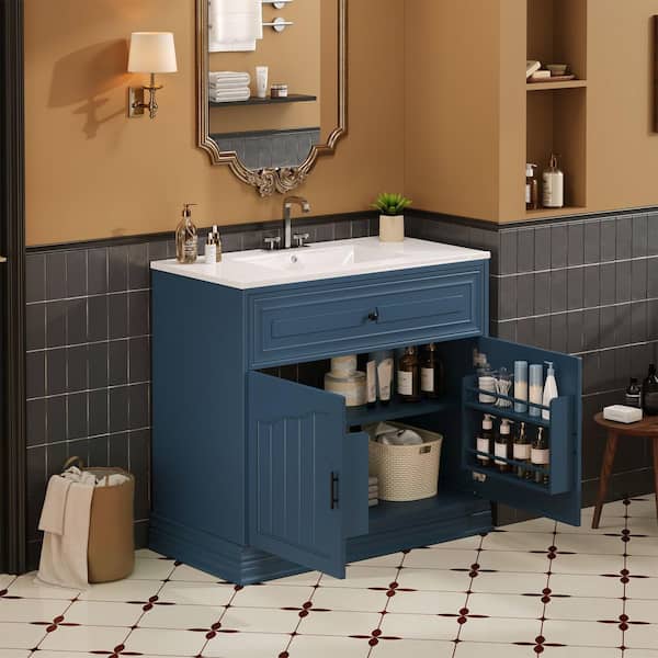 36 in. Freestanding Blue Bath Vanity with White Ceramic Top, 2 Door Shelf Bathroom Storage Cabinet Unassembled