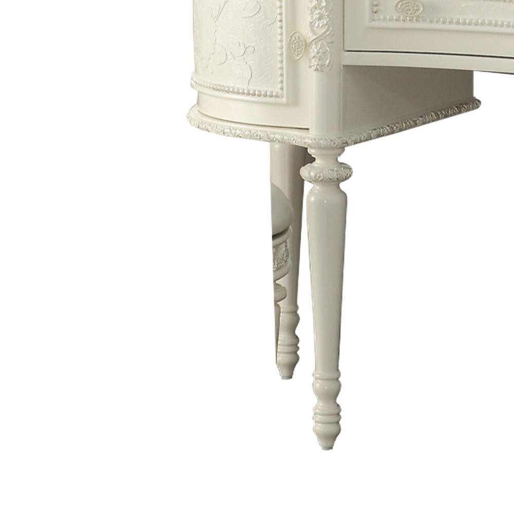 Ivory Pine Wood Vanity Desk with Mirror and Floral Trim