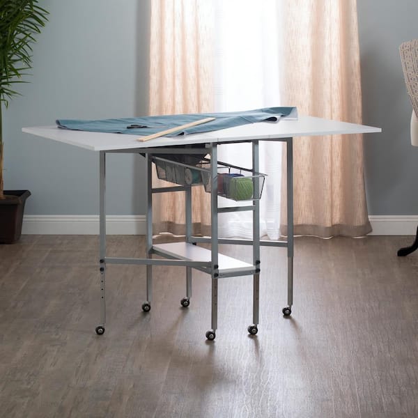 Hobby Craft 60 in. W x 36 in. D MDF Folding Fabric Cutting Table with Drawers, Adjustable Height, Silver / White