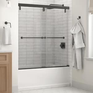 Mod 60 in. x 59-1/4 in. Soft-Close Frameless Sliding Bathtub Door in Bronze with 1/4 in. Tempered Clear Glass