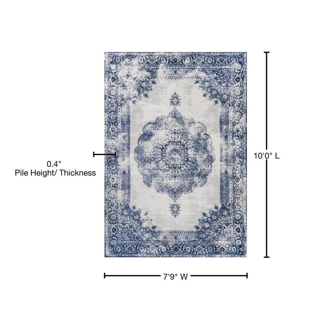 Handmade Dark Blue and Ivory Synthetic Medallion Area Rug, 8' x 10'