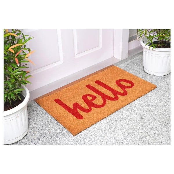 Hello Natural/Red Script 24 in. x 36 in. Door Mat