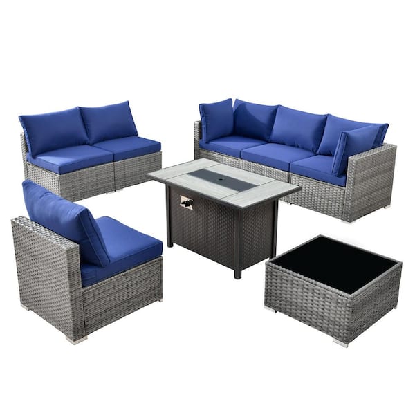Gemini 8-Piece Wicker Patio Rectangular Fire Pit Set with Navy Blue Cushions