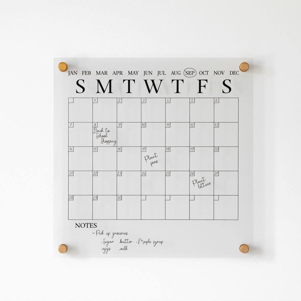 Clear Acrylic Monthly Wall Calendar with Black Print and Dry Erase Marker