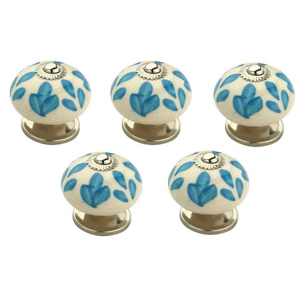 Mascot Hardware Floral Elegant 1-3/5 in. (41mm) Blue and White Cabinet Knob (Pack of 5)