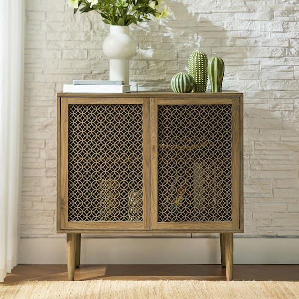 JAYDEN CREATION Emst Walnut Wood 32 in.Tall Modern 2-Door Cabinet with Light