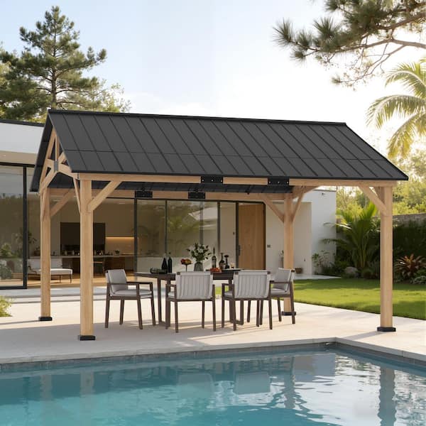 15 ft. x 13 ft. Cedar Wood Hardtop Outdoor Patio Gazebo with Galvanized Steel Roof and Ceiling Hook Brown