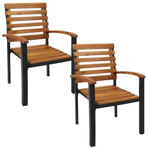 Sunnydaze Black Metal and Accacia Wood Outdoor Dining Chair in Brown (2-Pack)