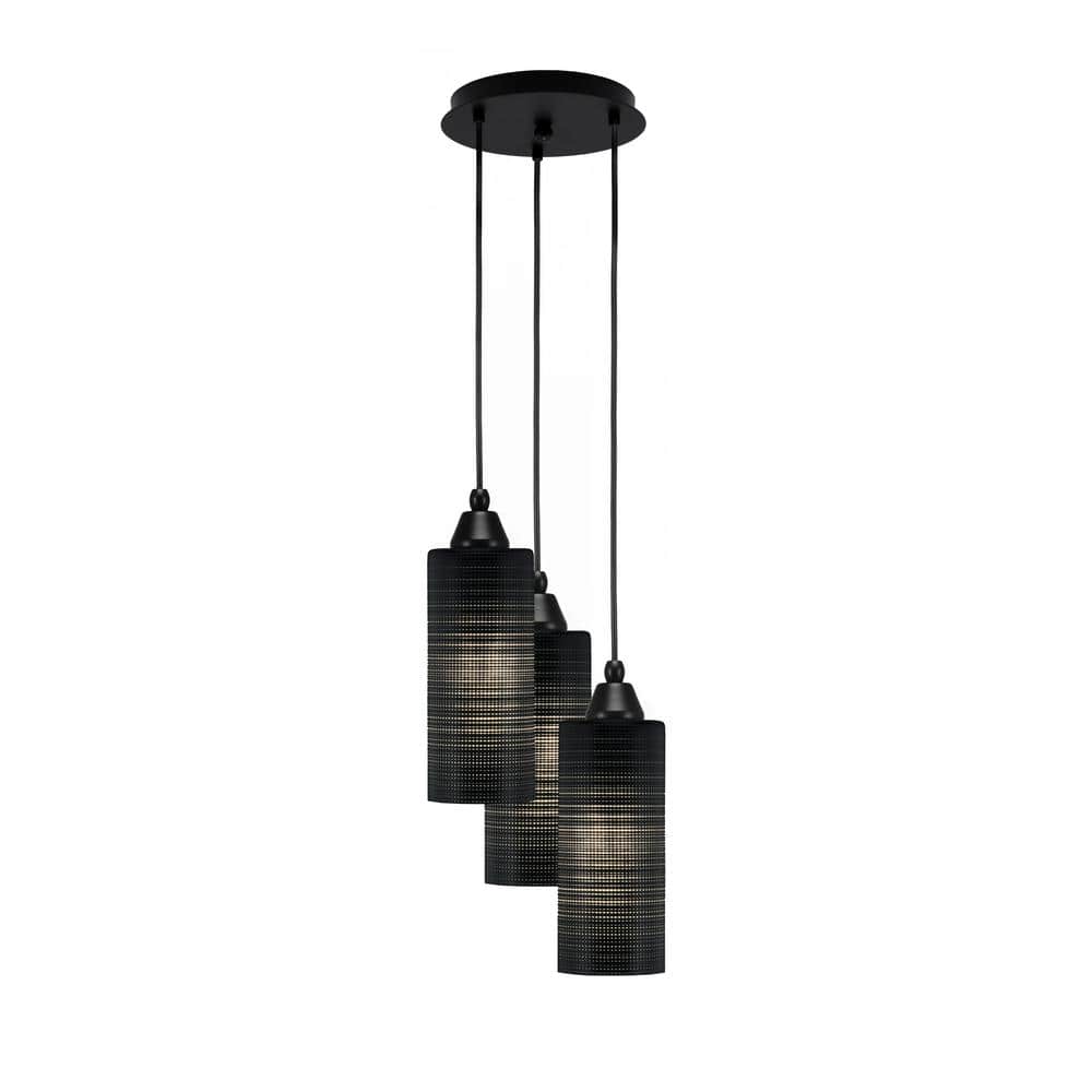 Savannah 13.25 in. 3-Light Matte Black Cord Pendant Light Black Matrix Glas