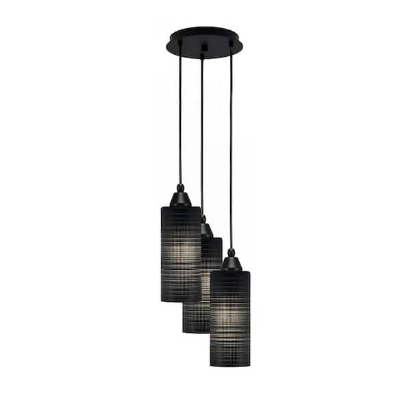 Savannah 13.25 in. 3-Light Matte Black Cord Pendant Light Black Matrix Glass Shade