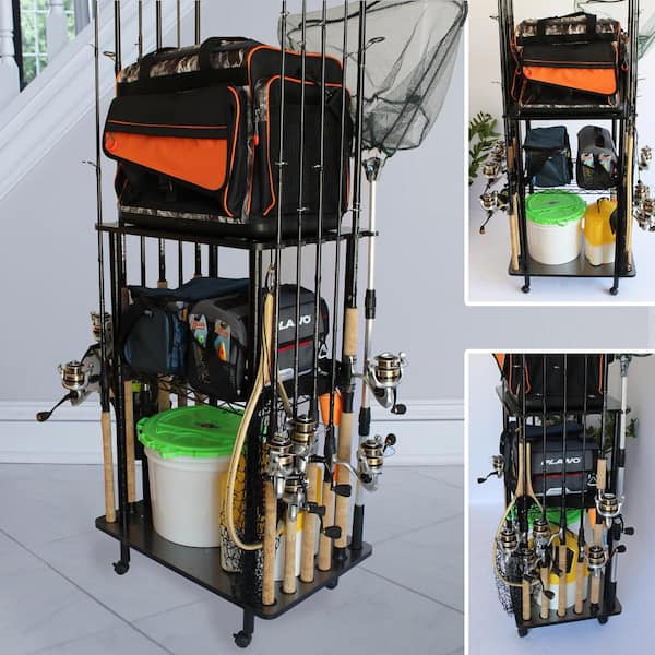 Wheeled Fishing Tackle Cart Holds 12 Rods, Pole Holders with Storage Bag,  Fishing Gear Organizer Rack for Garage Home