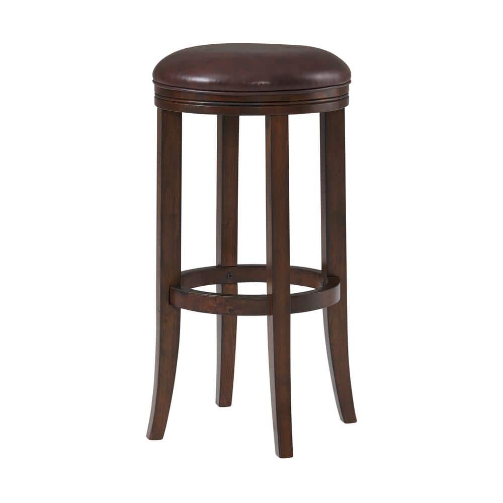 Distressed Walnut Backless Bar Height Stool with Leather Seat, Set of 2