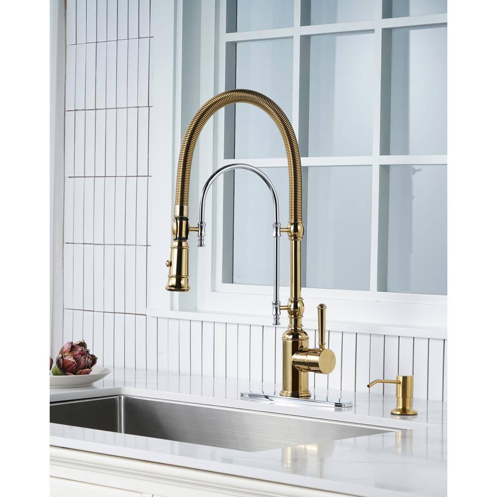 Gold and Chrome High-Arc Kitchen Faucet with Pull-out Spray