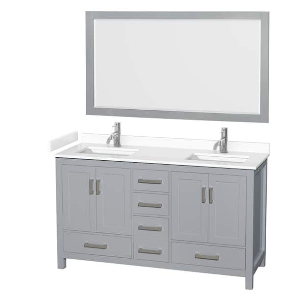 Wyndham Collection Sheffield 60 in. W x 22 in. D x 35 in. H Double Bath Vanity in Gray with White Cultured Marble Top and 58" Mirror