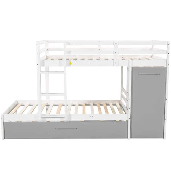 STICKON White Twin Over Twin Size Bunk Bed with Built-in Storage Wardrobe and Trundle