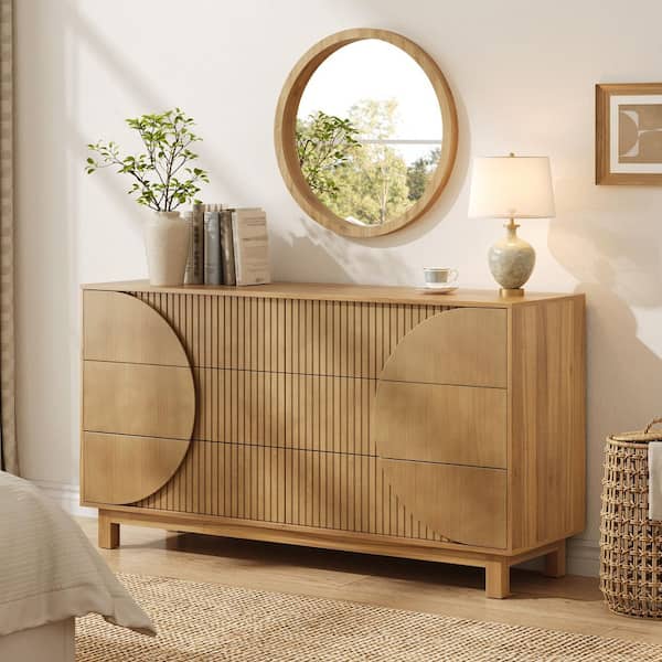 Elyra Modern 32.7 in. H Brown Fluted Accent Storage Cabinet, Bedroom 6 Drawers Dresser, Wooden Chest of Drawers