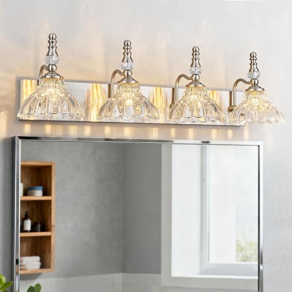 Home Lighting 30.71 in. 4-Light Nickel Vintage Bathroom Vanity Light with Flower Glass Shade Over Mirror for Bathroom