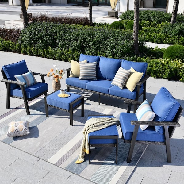 HOOOWOOO Walden Grey 5-Piece Wicker Metal Outdoor Patio Conversation Sofa Seating Set with Sky Blue Cushions