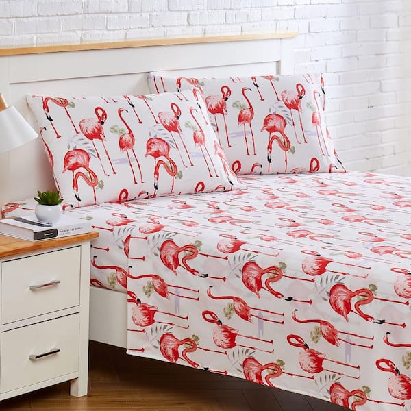Fancy Flamingo White Microfiber Sheet Set Full