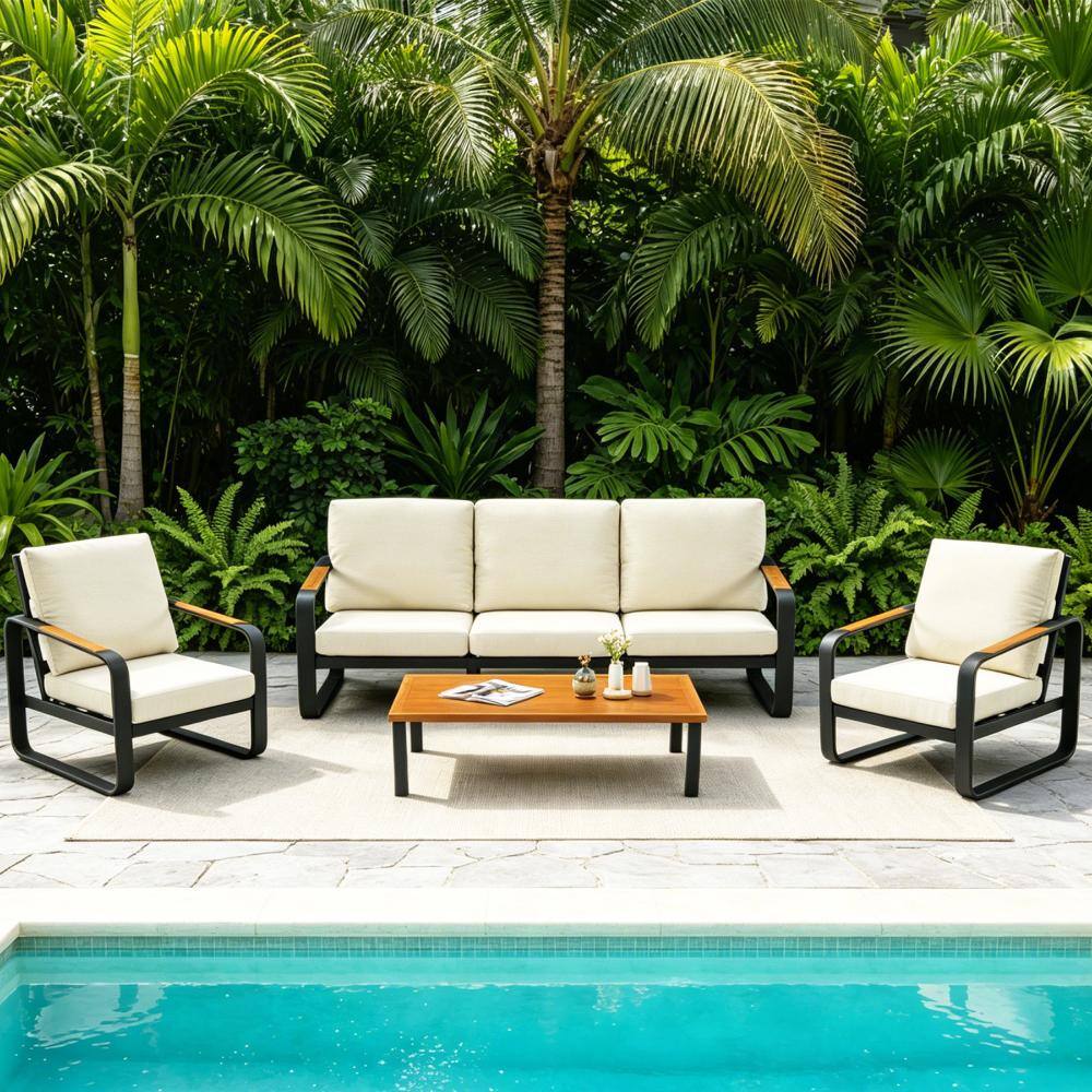 4-Piece Patio Conversation Set with Beige Cushions Sturdy Metal Frame Patio Sofa Furniture Sets price history on PriceWatchPro