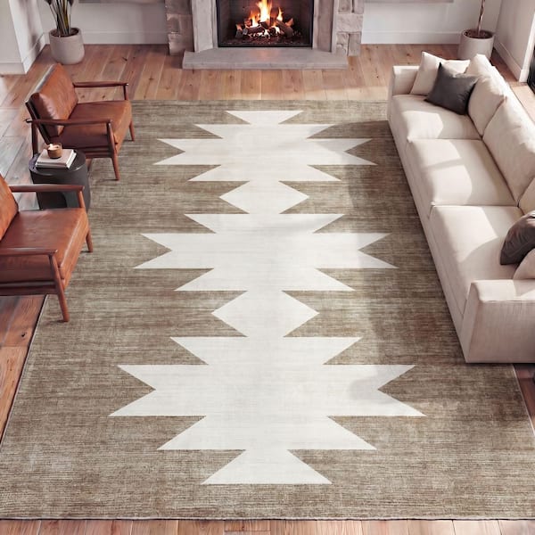 Peyton Minimalist Geometric Totem Non-Slip Machine-Washable Beige/Cream 8 ft. x 10 ft. Area Rug
