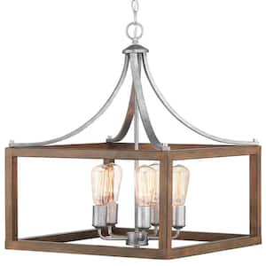 Boswell Quarter 20 in. 5-Light Silver Coastal Pendant Light with Chestnut Wood Accents for Kitchens and Dining Rooms