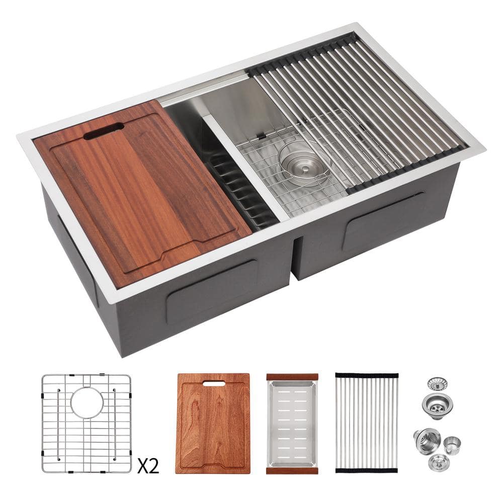 33 in Undermount Double Bowl 16-Gauge Stainless Steel Kitchen Sink with Bottom Grids, Cutting Board and Colander