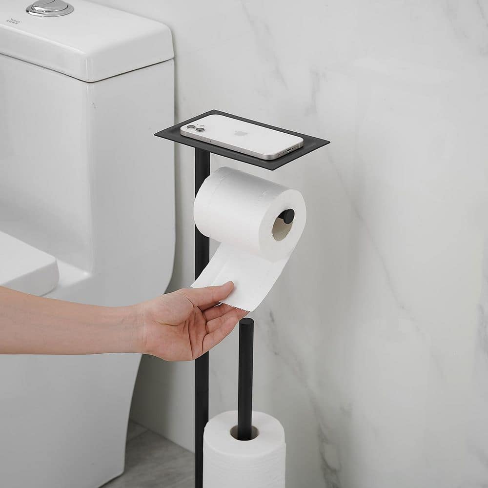Matte Black Freestanding Stainless Steel Toilet Paper Holder with Storage Shelf