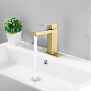 Hoon Single Hole Single-Handle Bathroom Faucet With Deck Plate in Brushed Gold