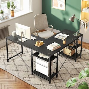 95 in. Black - Grained L-Shaped Computer Desk with Storage Shelves