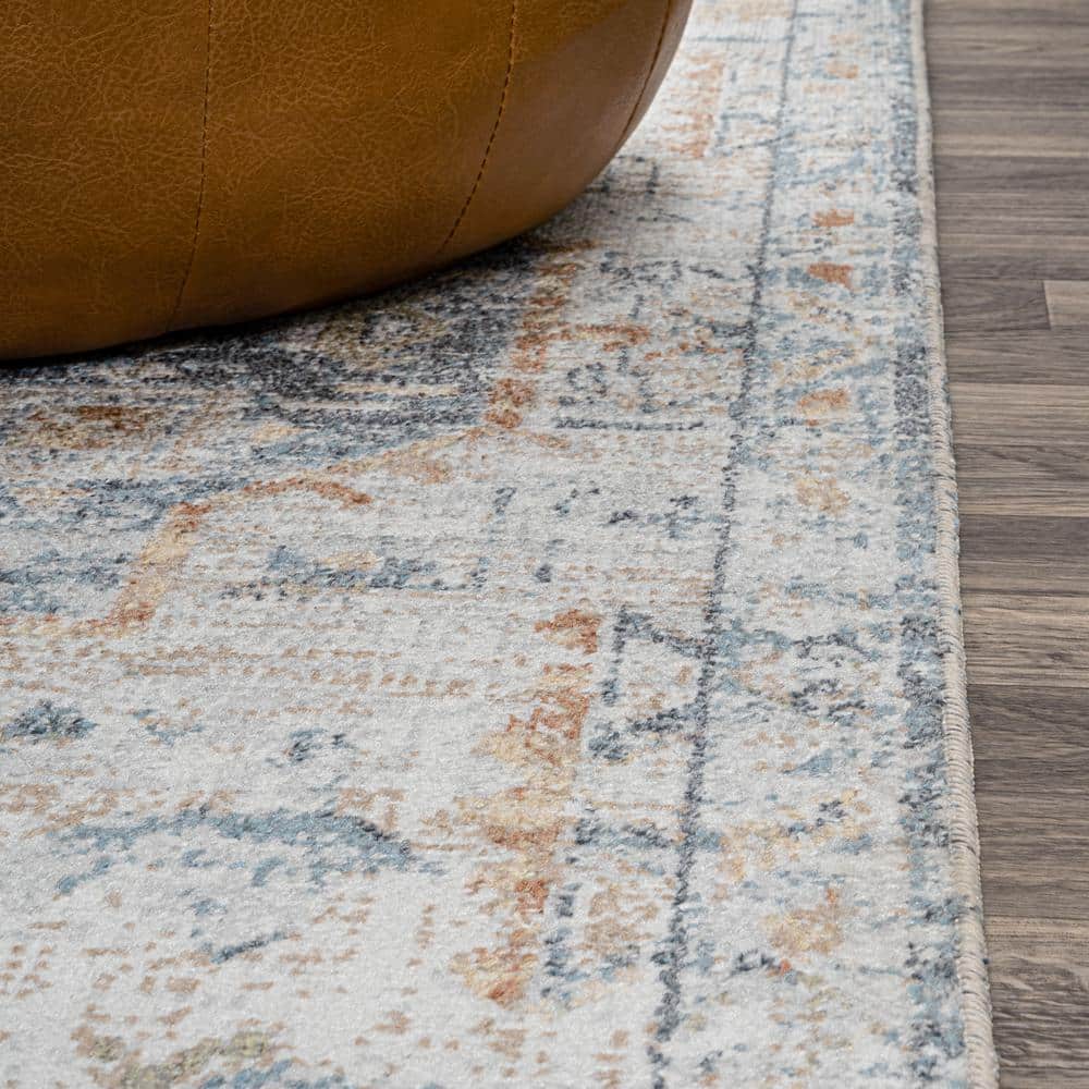 Cream and Blue Synthetic Bohemian Medallion Washable Rug 5'3" x 7'7"