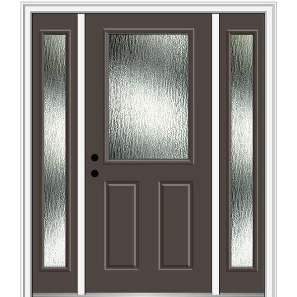 MMI Door Rain Glass 64.5 in. x 81.75 in. Right-Hand Inswing 1/2 Lite 2-Panel Painted Brown Prehung Front Door on 4-9/16 in. Frame