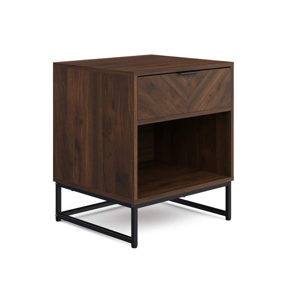 Kensi Rustic Walnut and Black 2-Drawer Nightstand with Matte Metal Base