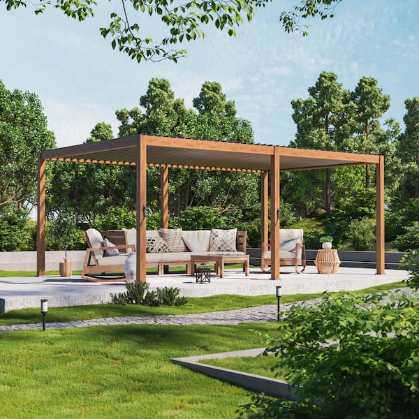 JOYESERY 12 ft. x 20 ft. Modern Aluminum Frame Pergola for Outdoor Garden with Adjustable Louvered Roof, Wood Grain
