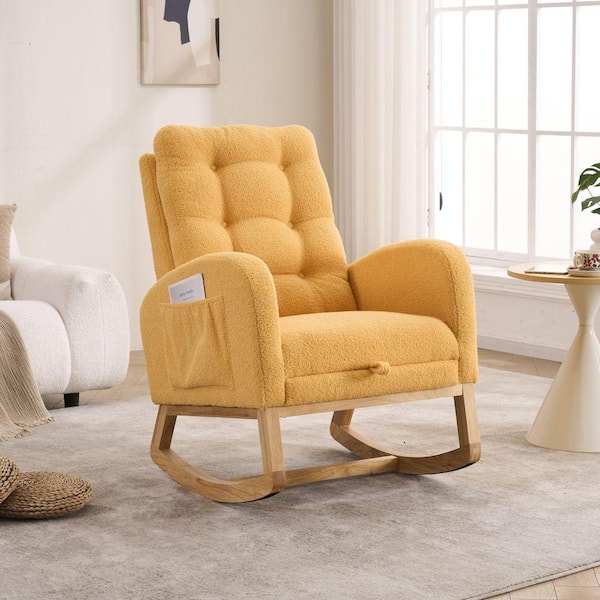 Yellow Rocking Arm Chair with Footrest, High Back and Rubber Wood Rocking Legs