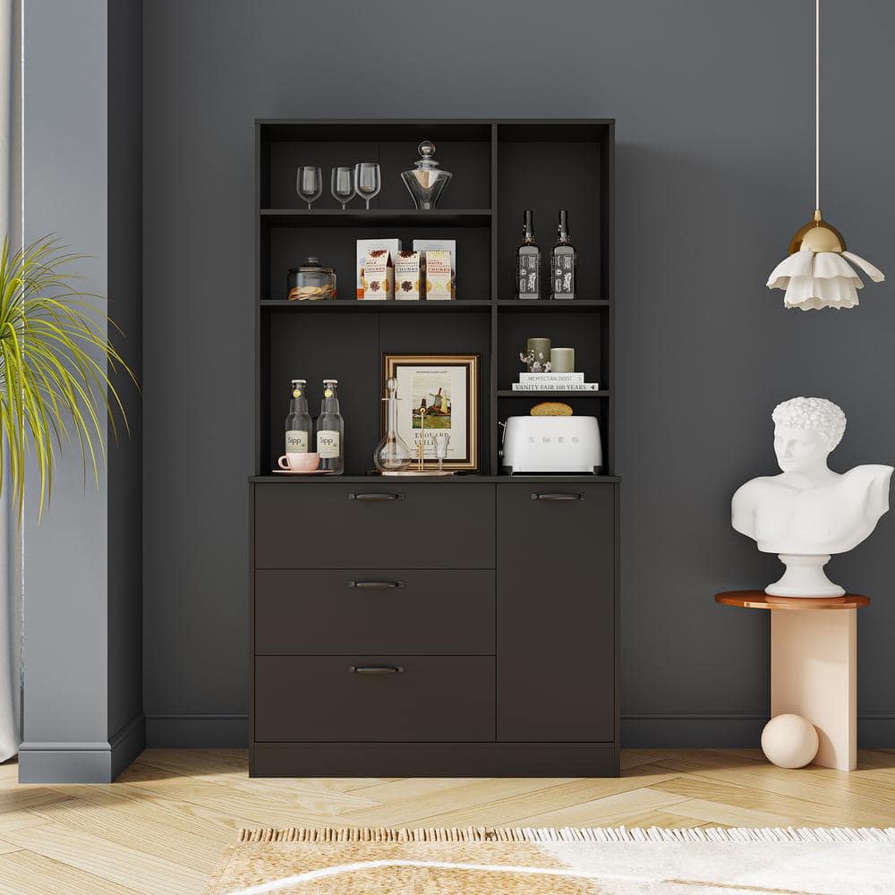 39 in. W x 15.75 in. D x 71 in. H Black Linen Cabinet with Adjustable Shelf, 3 Drawers and 1 Door
