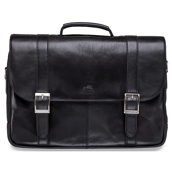 MANCINI Arizona Collection Black Leather Double Compartment Porthole Briefcase for 15.6 in. Laptop/Tablet