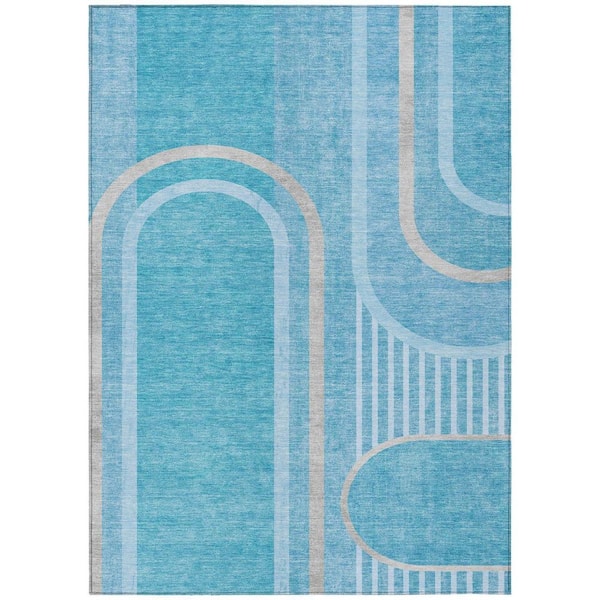 Teal Blue 5 ft. x 8 ft. Woven Abstract Polyester Rectangle Indoor / Outdoor Area Rug