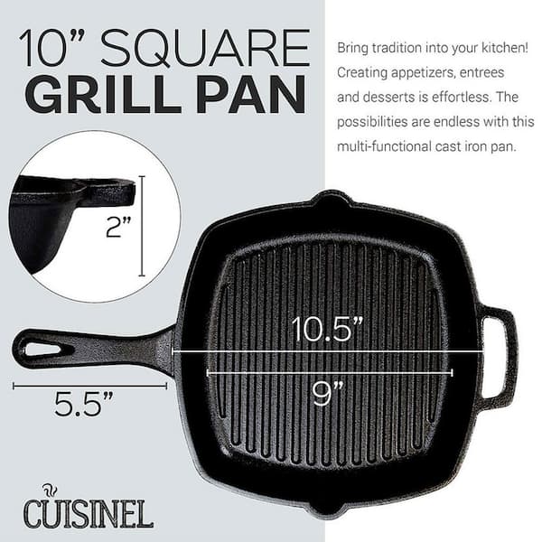 cuisinel Cast Iron Skillet + Grill Press + Scraper Set - 10-inch