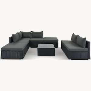 8-Piece Black Wicker Patio Conversation Set Gray Cushions
