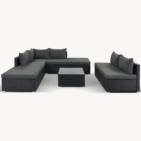 Tenleaf 8-Piece Black Wicker Patio Conversation Set Gray Cushions