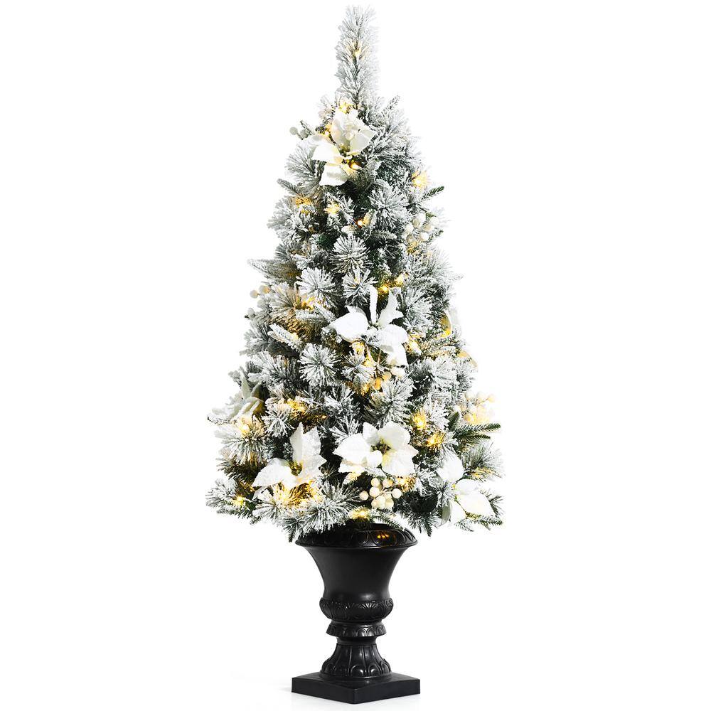 4 ft. Pre-Lit Snowy Christmas Entrance Tree with 100 LED Lights Set of 2