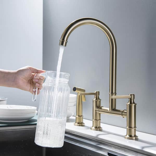 Double-Handle Bridge Kitchen Faucet with Side Sprayer 304 Stainless Steel Kitchen Sink Faucet in Brushed Gold