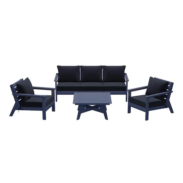 WESTIN OUTDOOR Birchwood Navy Blue Arrangeable 6-Piece Outdoor Patio HDPE Deep Seating Conversation Sofa Set w/ Navy Blue Cushions